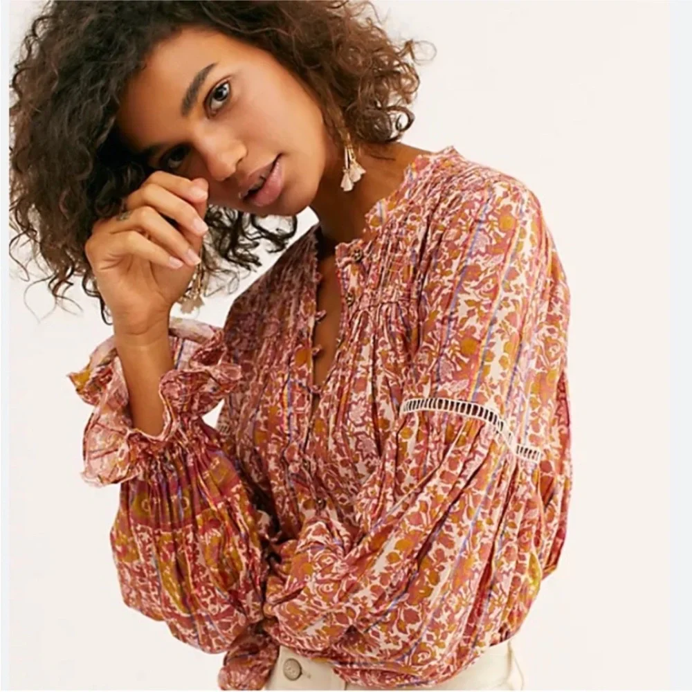 Free People Floral Blouse in Pink and Yellow - Picture 1 of 6